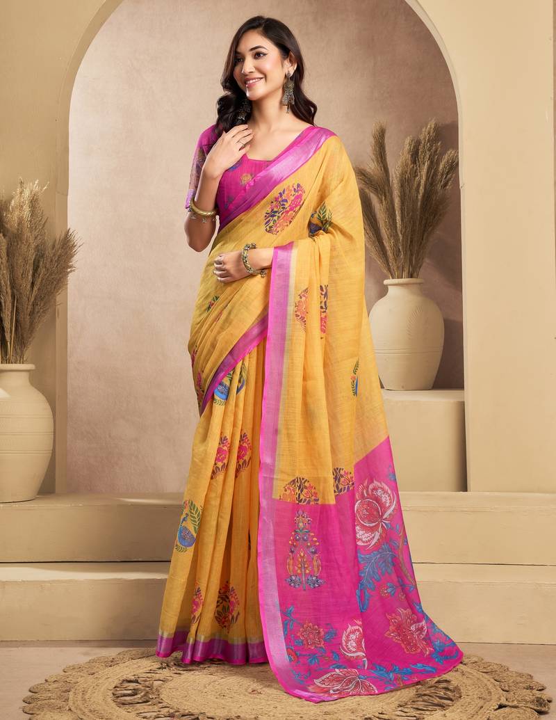Yellow printed linen pre draped  saree with blouse