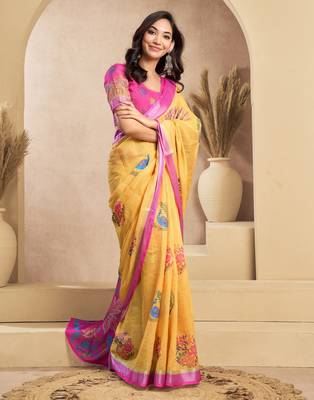 Yellow printed linen pre draped  saree with blouse 2