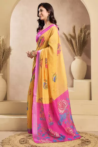Yellow printed linen pre draped  saree with blouse