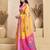 Yellow printed linen pre draped  saree with blouse