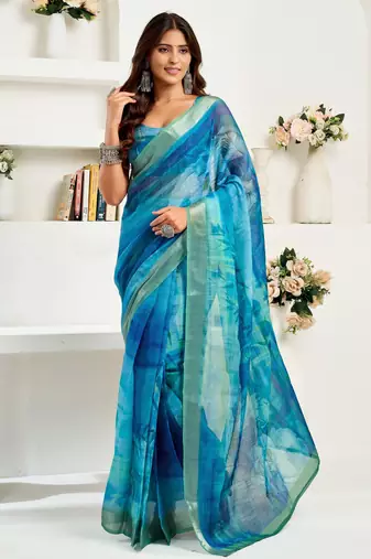 Blue printed linen pre draped  saree with blouse