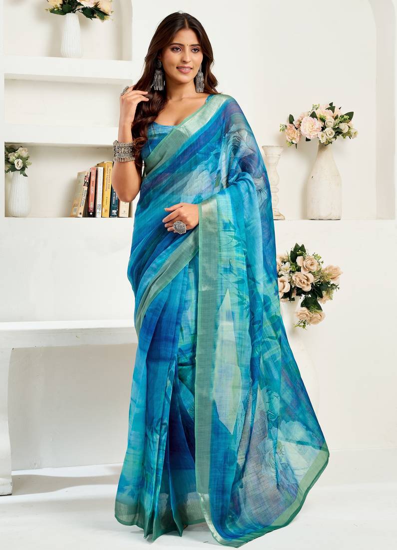 Blue printed linen pre draped  saree with blouse