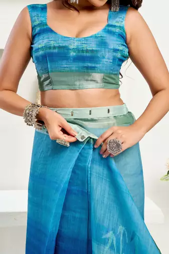 Blue printed linen pre draped  saree with blouse