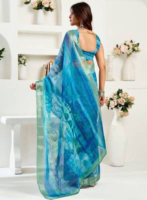 Blue printed linen pre draped  saree with blouse 5
