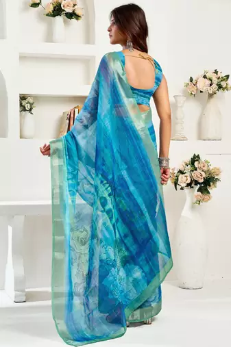 Blue printed linen pre draped  saree with blouse