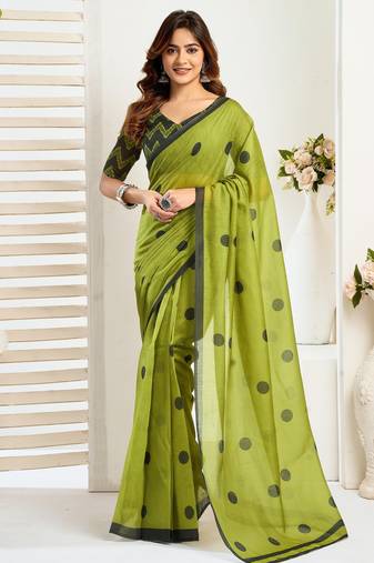 Lime green printed linen pre draped  saree with blouse