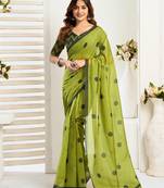 Lime green printed linen pre draped  saree with blouse