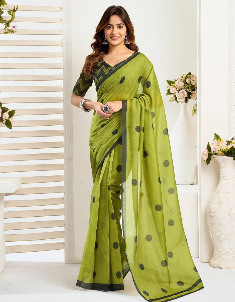 Lime green printed linen pre draped  saree with blouse