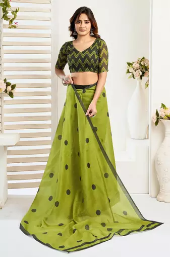 Lime green printed linen pre draped  saree with blouse
