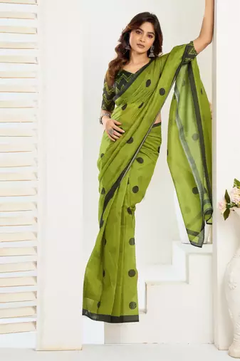 Lime green printed linen pre draped  saree with blouse