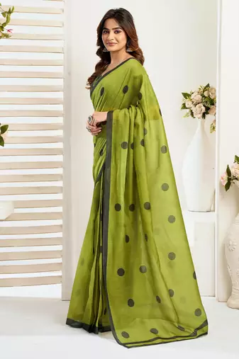 Lime green printed linen pre draped  saree with blouse