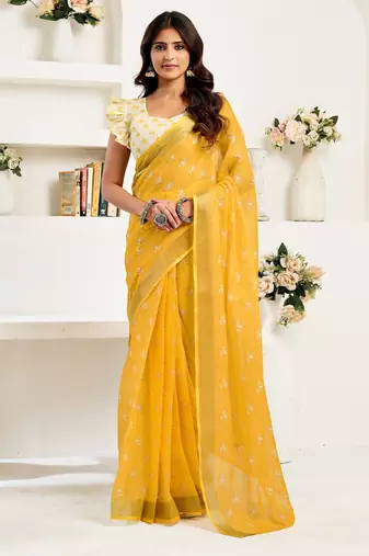 Yellow printed linen pre draped  saree with blouse