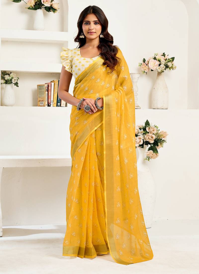 Yellow printed linen pre draped  saree with blouse
