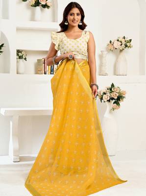 Yellow printed linen pre draped  saree with blouse 3