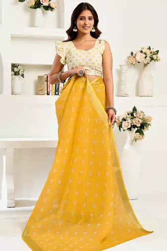 Yellow printed linen pre draped  saree with blouse
