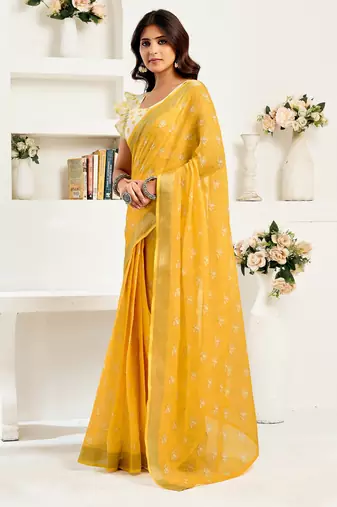 Yellow printed linen pre draped  saree with blouse