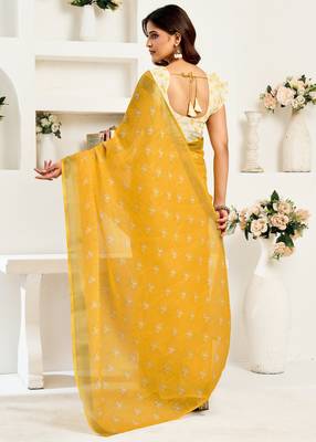 Yellow printed linen pre draped  saree with blouse 5