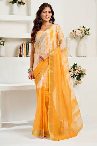 Yellow, white printed linen pre draped  saree with blouse