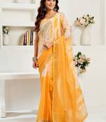 Yellow, white printed linen pre draped  saree with blouse