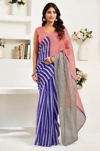 Blue printed linen pre draped  saree with blouse