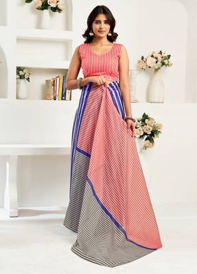 Blue printed linen pre draped  saree with blouse 3