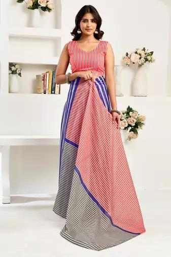 Blue printed linen pre draped  saree with blouse