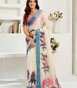 Cream printed linen pre draped  saree with blouse