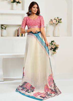 Cream printed linen pre draped  saree with blouse 3