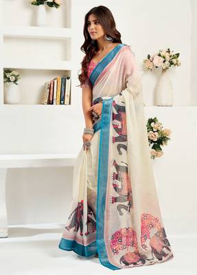 Cream printed linen pre draped  saree with blouse 4