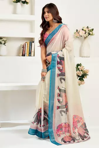 Cream printed linen pre draped  saree with blouse