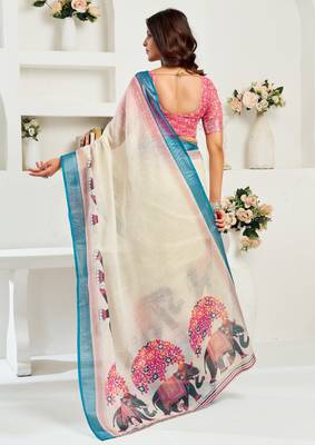 Cream printed linen pre draped  saree with blouse 5