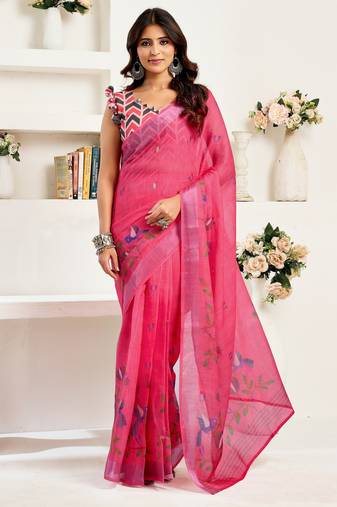 Dark pink printed linen pre draped  saree with blouse
