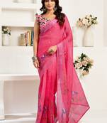 Dark pink printed linen pre draped  saree with blouse