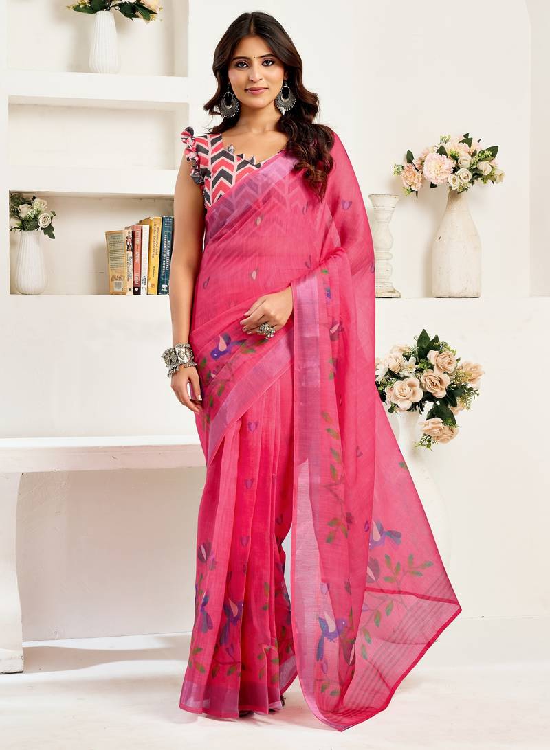 Dark pink printed linen pre draped  saree with blouse