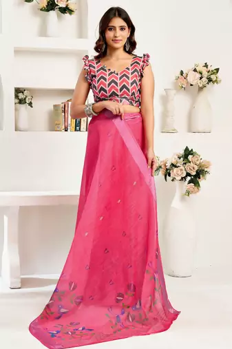 Dark pink printed linen pre draped  saree with blouse