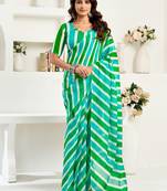 Green, blue printed linen pre draped  saree with blouse