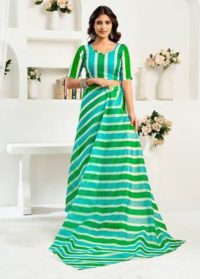 Green, blue printed linen pre draped  saree with blouse 3