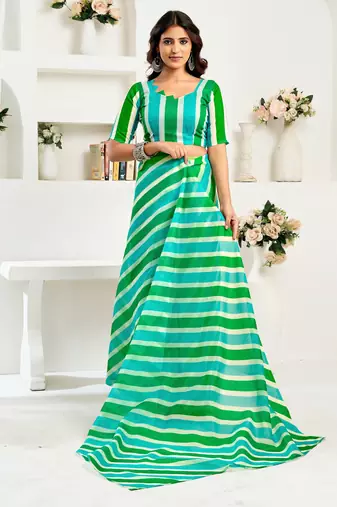 Green, blue printed linen pre draped  saree with blouse