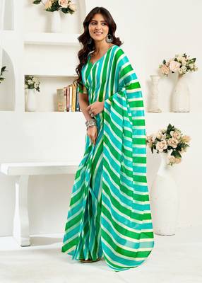Green, blue printed linen pre draped  saree with blouse 4