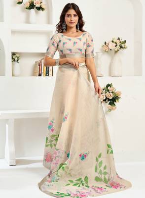 Light beige printed linen pre draped  saree with blouse 3