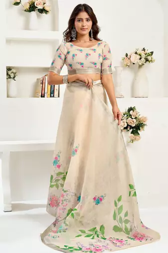 Light beige printed linen pre draped  saree with blouse