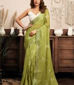 Lime green printed linen pre draped  saree with blouse