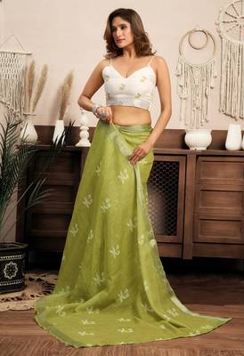 Lime green printed linen pre draped  saree with blouse 3