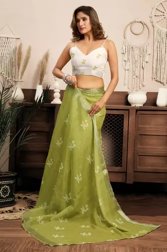 Lime green printed linen pre draped  saree with blouse