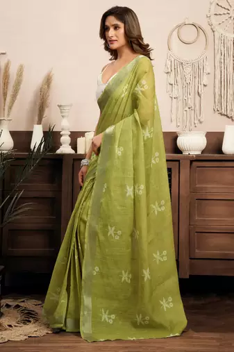 Lime green printed linen pre draped  saree with blouse