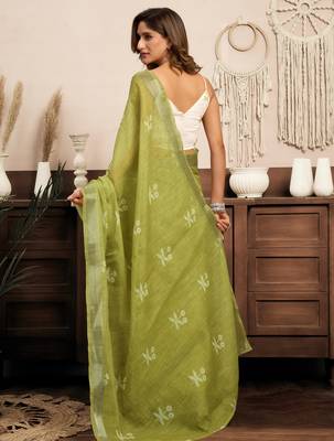 Lime green printed linen pre draped  saree with blouse 5