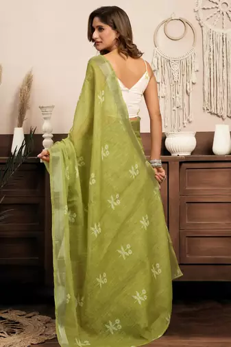 Lime green printed linen pre draped  saree with blouse