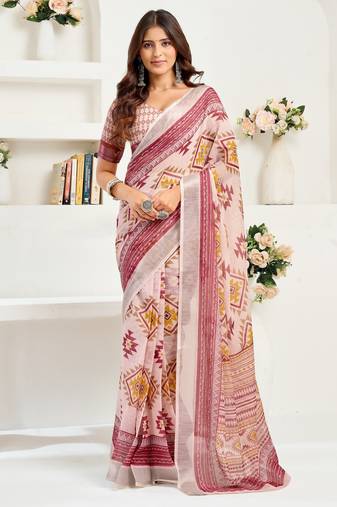 Maroon printed linen pre draped  saree with blouse