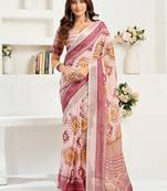 Maroon printed linen pre draped  saree with blouse
