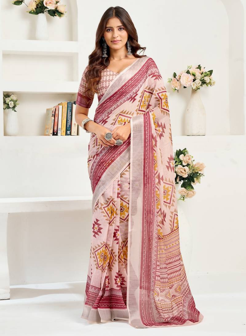 Maroon printed linen pre draped  saree with blouse